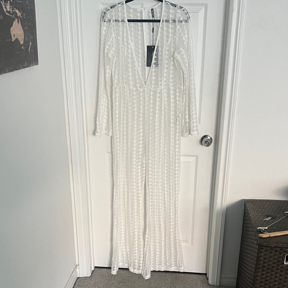 PrettyLittleThing White Lace Long Sleeve V-Neck one piece